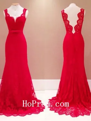 Lace Prom Dresses,Red Prom Dress,Backless Evening Dress