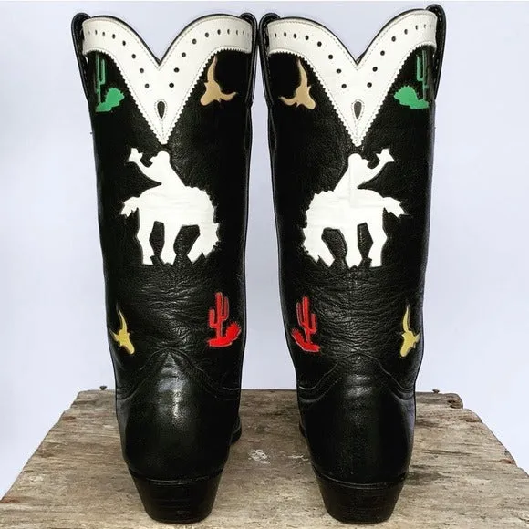 LARRY MAHAN Vintage Rodeo Cactus Black Rockabilly Cowgirl Cowboy Western Boots