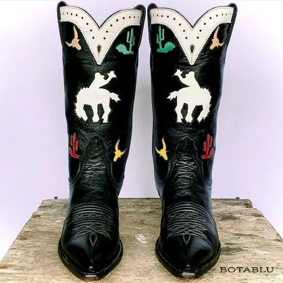 LARRY MAHAN Vintage Rodeo Cactus Black Rockabilly Cowgirl Cowboy Western Boots