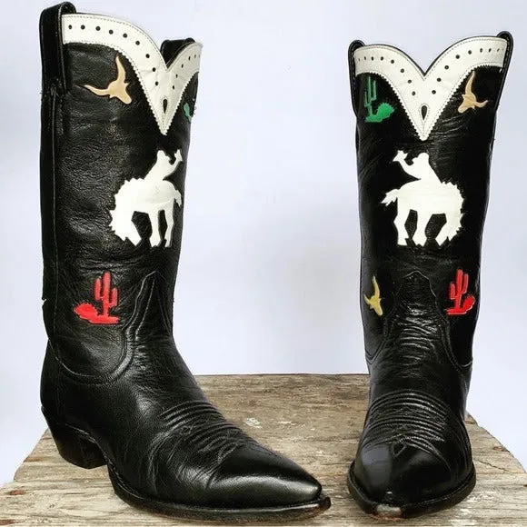 LARRY MAHAN Vintage Rodeo Cactus Black Rockabilly Cowgirl Cowboy Western Boots