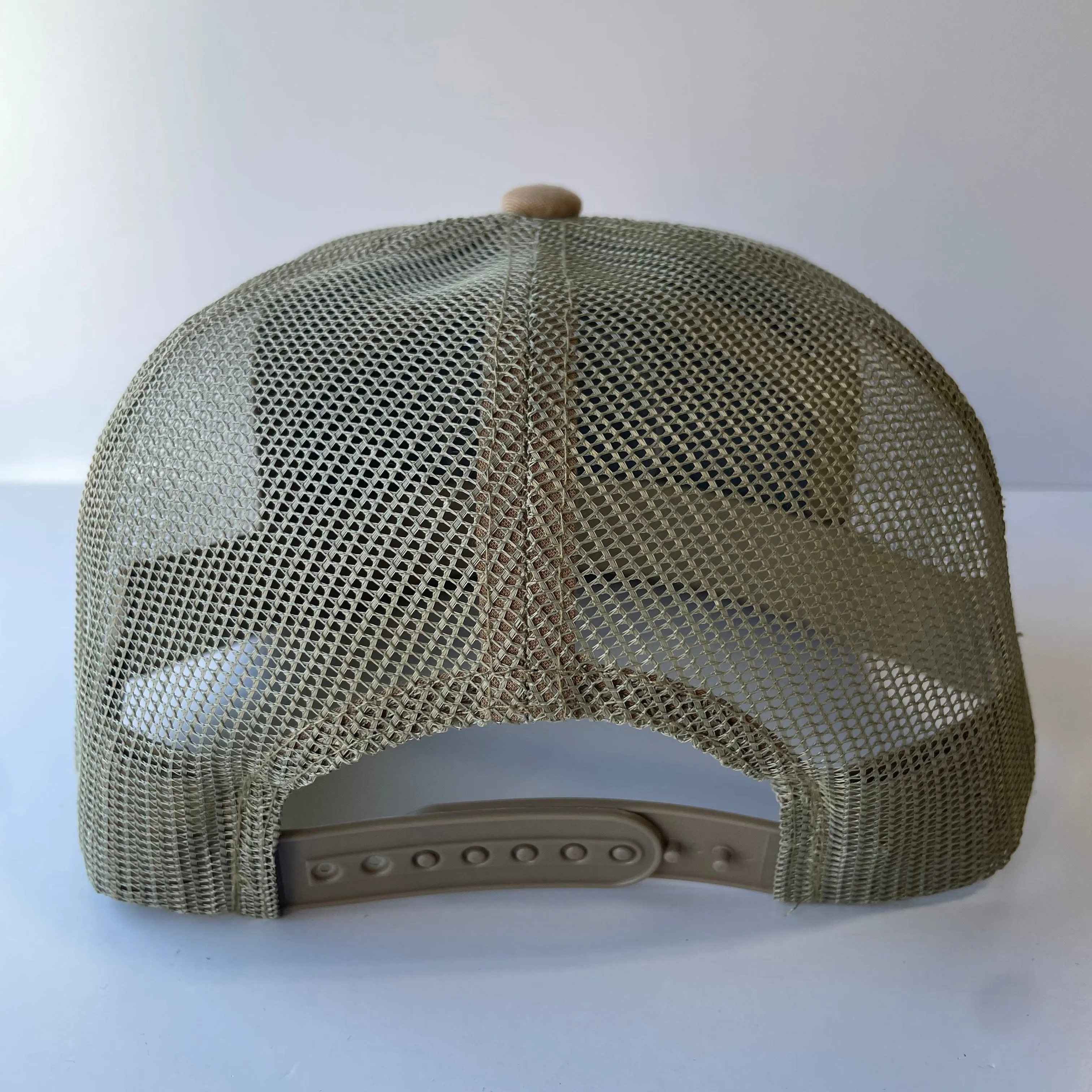 Leather Head Peach Ass on a 7 Panel Khaki Brown Olive Mesh Trucker SnapBack Hat Cap