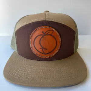 Leather Head Peach Ass on a 7 Panel Khaki Brown Olive Mesh Trucker SnapBack Hat Cap