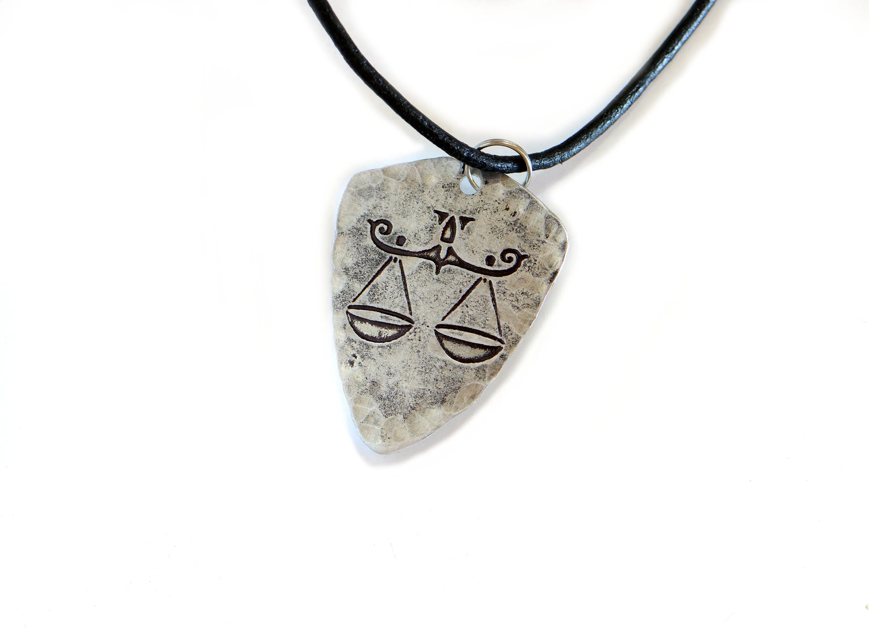 Libra Zodiac Sign on shield shaped charm necklace in sterling silver