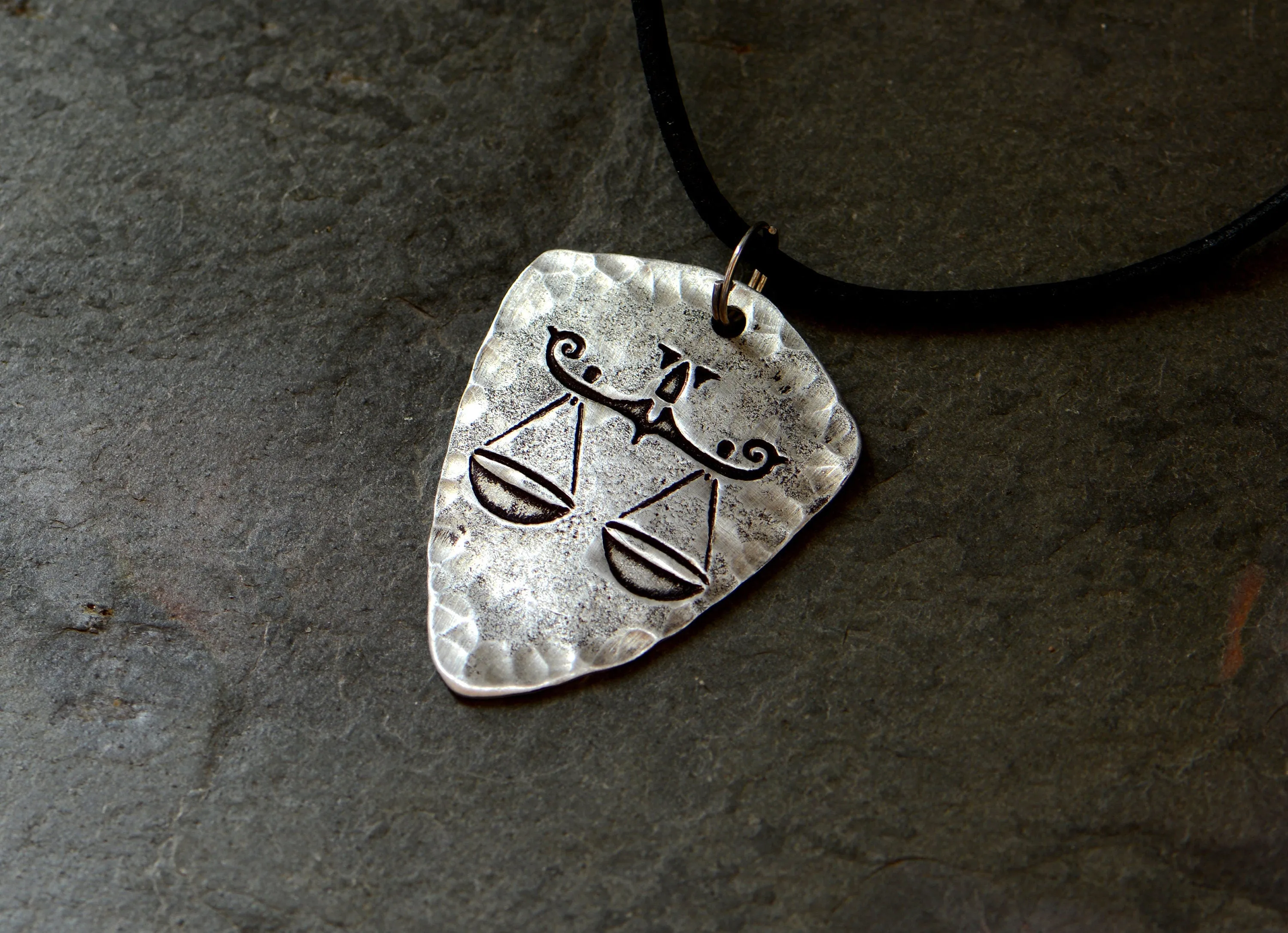 Libra Zodiac Sign on shield shaped charm necklace in sterling silver