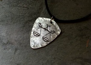 Libra Zodiac Sign on shield shaped charm necklace in sterling silver