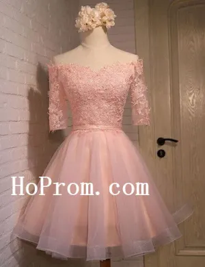 Light Pink Prom Dresses,Half Sleeve Prom Dress,Short Evening Dress