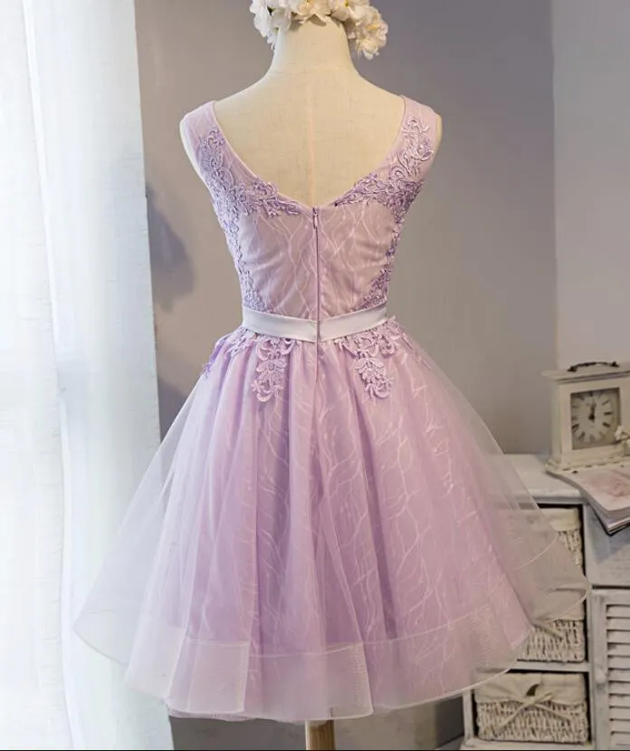 Light Purple Short Tulle Lace Cute Round Neckline Homecoming Dress, Short Formal Dress, Prom Dress