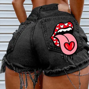 Lips Print High Waist Fringe Hem Denim Shorts