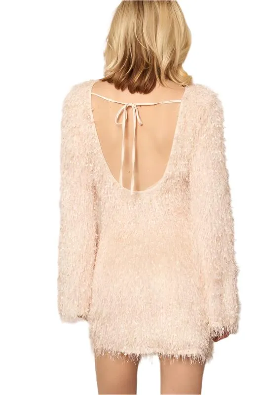 Long Sleeve Fluffy Fringe Mini Dress