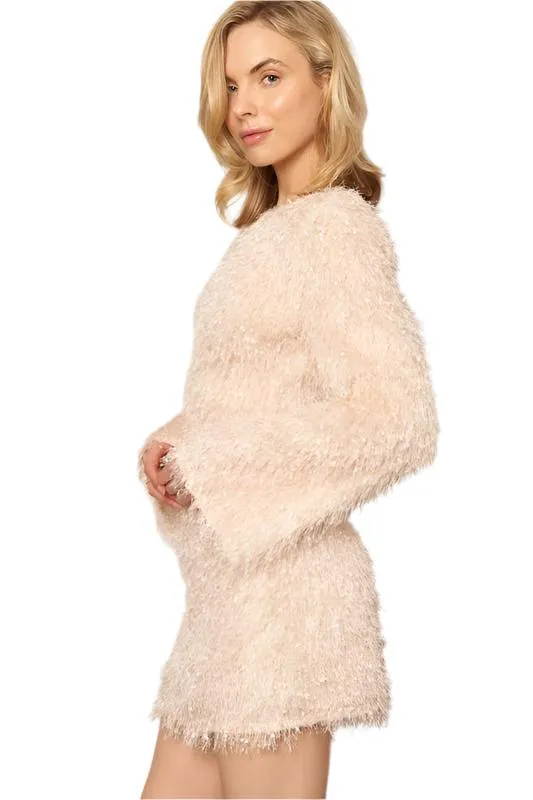 Long Sleeve Fluffy Fringe Mini Dress
