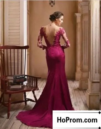 Long Sleeve Lace Satin Long Prom Dresses Evening Dress