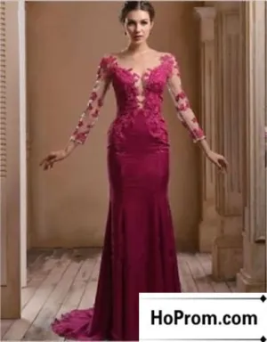 Long Sleeve Lace Satin Long Prom Dresses Evening Dress
