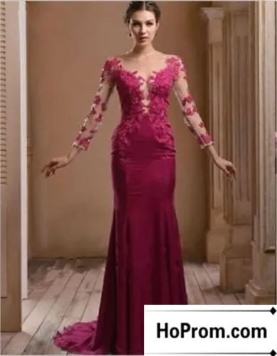 Long Sleeve Lace Satin Long Prom Dresses Evening Dress