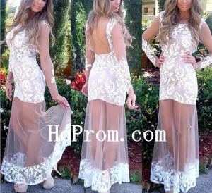 Long Sleeve Prom Dresses,Backless Prom Dress,White Evening Dress