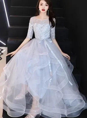 Lovely Grey Lace Round Neckline Party Dress, Tulle Prom Dress