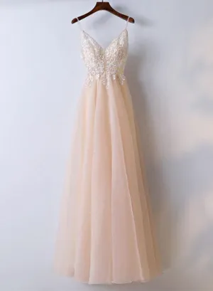 Lovely Light Pink Tulle V-neckline Long Party Dress, Party Dress
