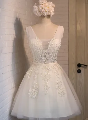 Lovely Short Tulle Party Dresses, White Homecoming Dresses, Short Prom Dress with Applique