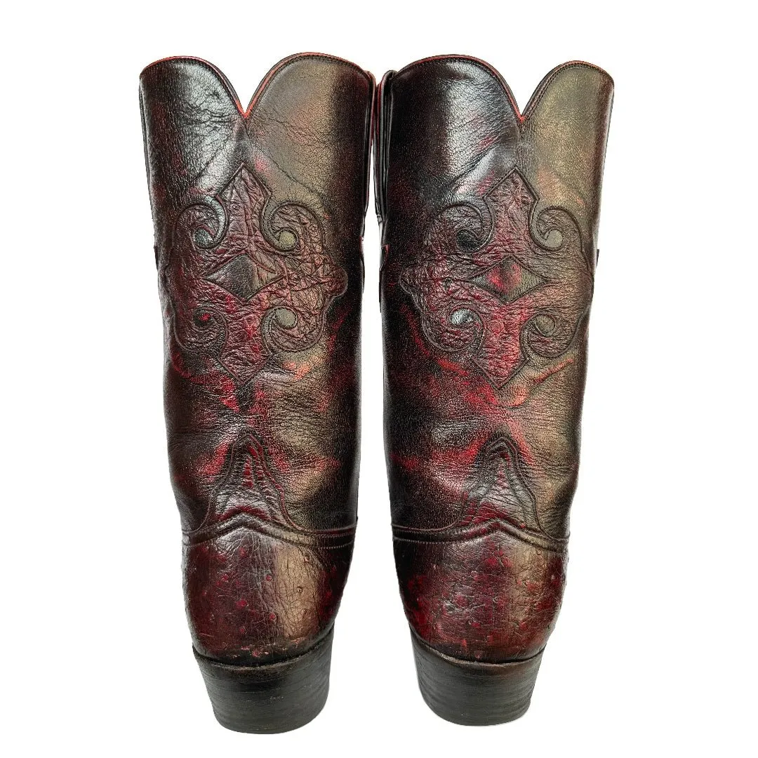 LUCCHESE Vintage Classics Handmade Ostrich Exotic Black Cherry Cowboy Western Boots