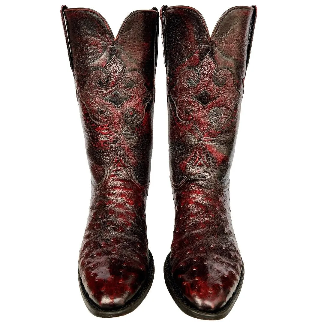 LUCCHESE Vintage Classics Handmade Ostrich Exotic Black Cherry Cowboy Western Boots