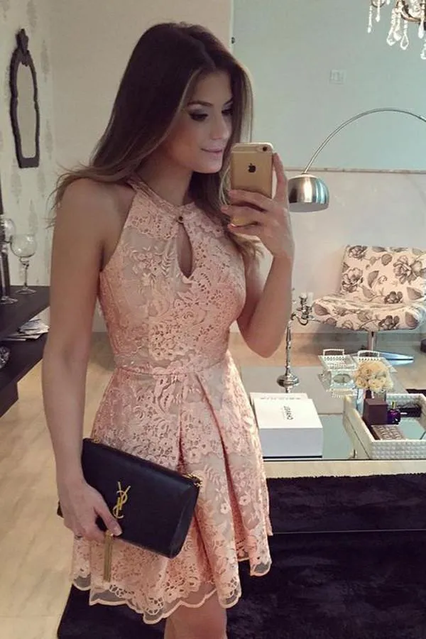 Luxury Halter Retro Tulle Lace Homecoming Dresses, Short Prom Dress, MH254