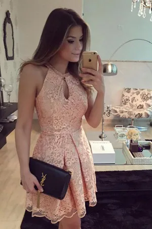 Luxury Halter Retro Tulle Lace Homecoming Dresses, Short Prom Dress, MH254