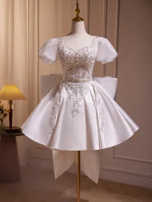 Luxury Lantern Sleeves Beaded with Bowknot Back Short Homecoming Dress