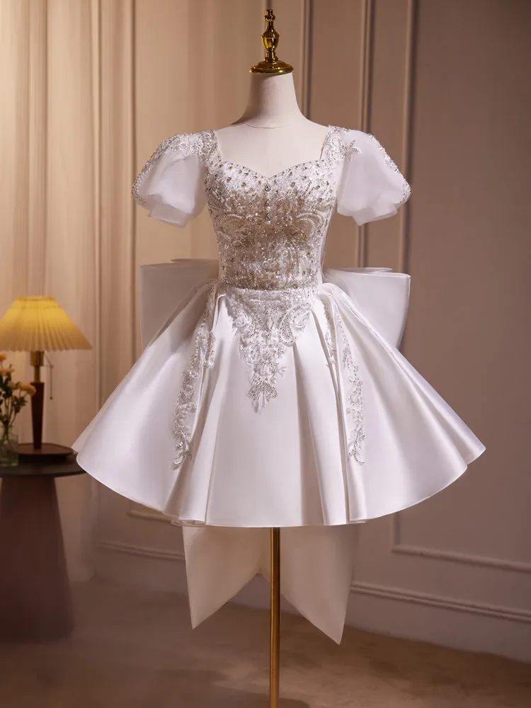 Luxury Lantern Sleeves Beaded with Bowknot Back Short Homecoming Dress