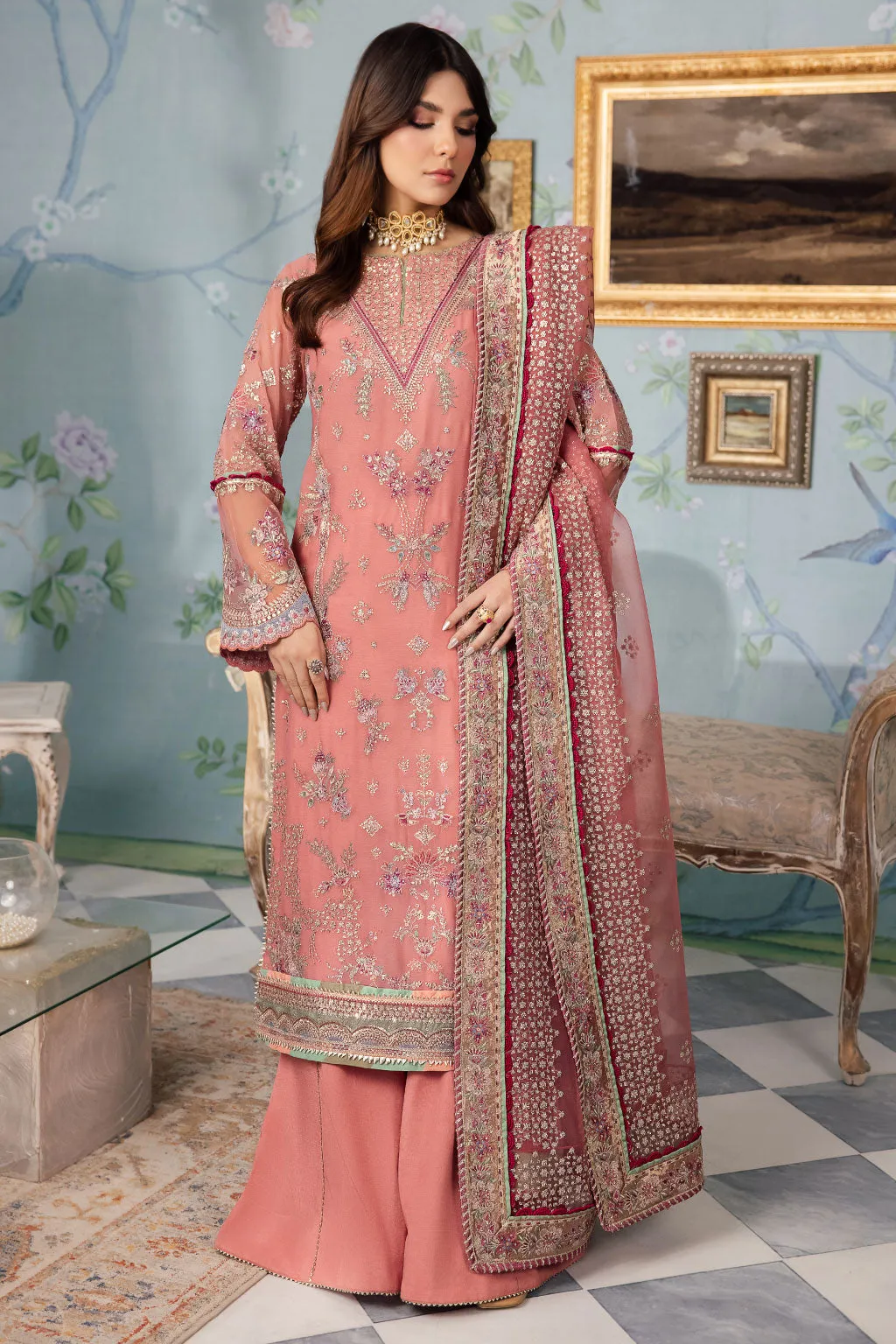 Luxury Light Pink Embroidered Pakistani Salwar Kameez Dupatta Suit