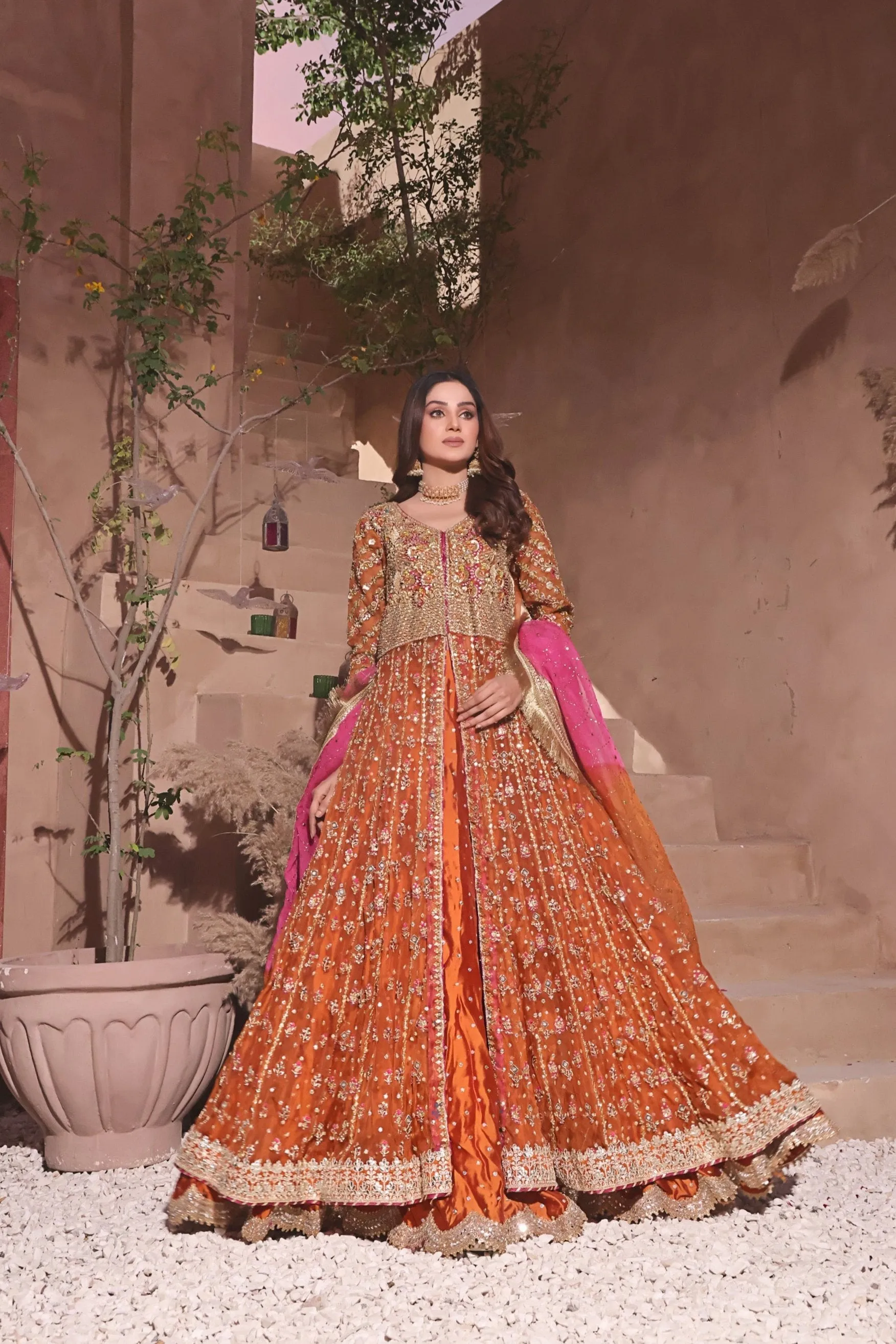 Luxury Mehndi Dress in Open Gown and Lehenga Style