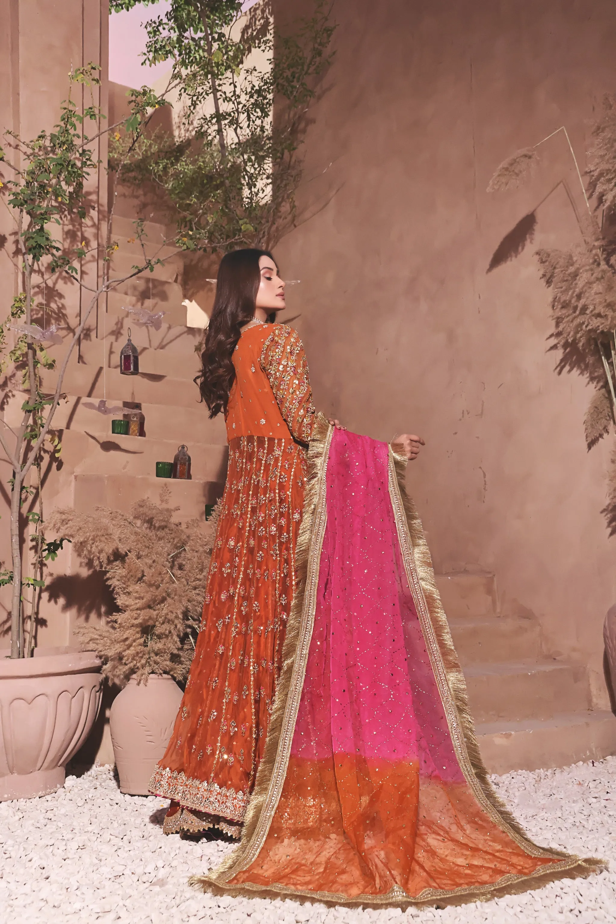 Luxury Mehndi Dress in Open Gown and Lehenga Style