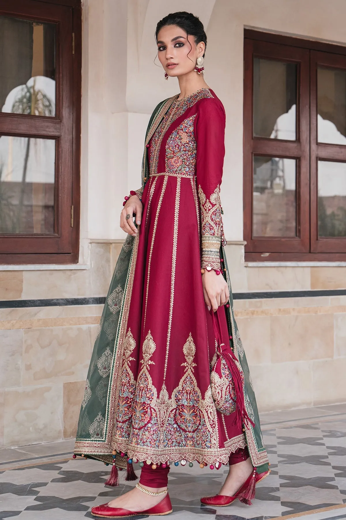 Luxury Pakistani Party Dress in Frock with Dupatta Red Dress