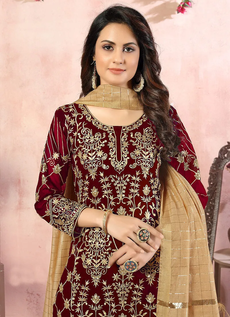 Maroon Embroidered Designer Palazzo Suit