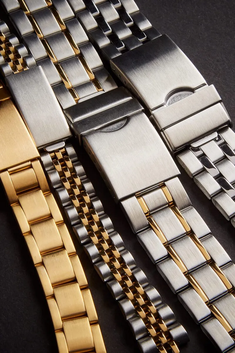 Men's 18-22MM Wrapped Link Straight Adjustable End with Removable Links for Sizing in Silver, Gold and Dual Tone