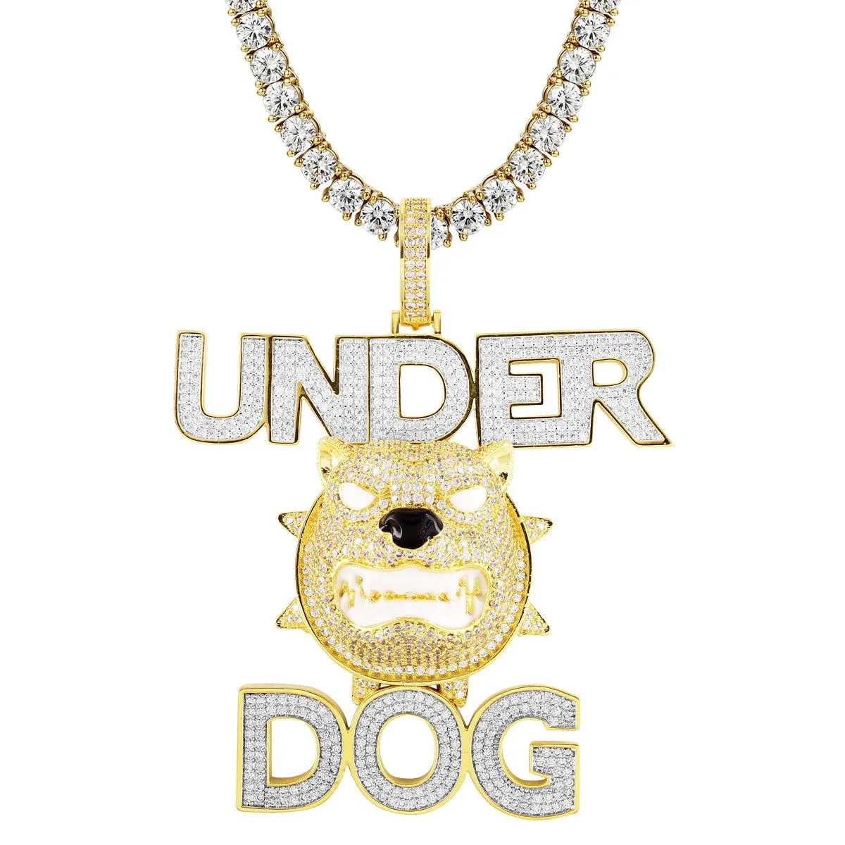 Mens Underdog Pendant Bulldog Animal Pet 14k Gold Finish Chain Combo Set