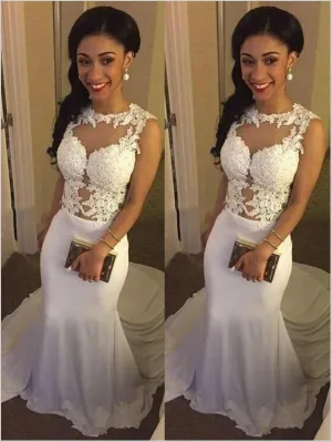 Mermaid Satin Applique Sleeveless Wedding Dresses Court Train Dresses