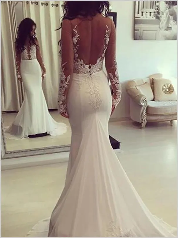 Mermaid Satin Long Sleeves Wedding Dresses,Backless Scoop Court Train Wedding Dresses