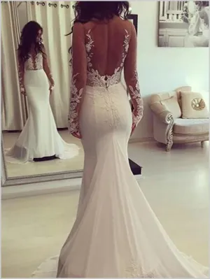 Mermaid Satin Long Sleeves Wedding Dresses,Backless Scoop Court Train Wedding Dresses