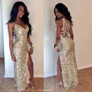 New Arrival Floor-length Spaghetti Strap Sexy V-neck sequins high split prom dresses,  PD0535