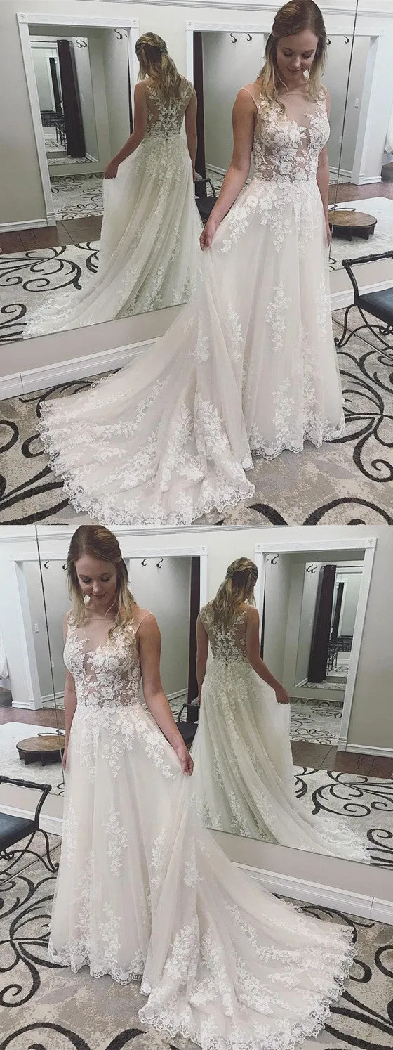 New Arrival Lace See Through Applique Wedding Dresses With Train, WD0426
