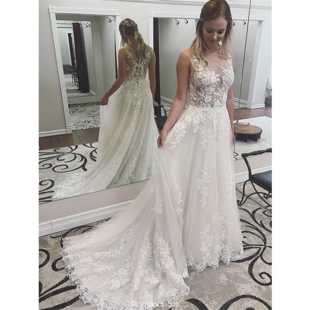 New Arrival Lace See Through Applique Wedding Dresses With Train, WD0426