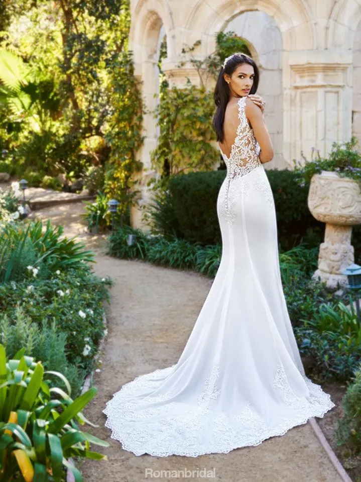 New Arrival White lace sexy V-neck sleeveless cheap elegant tail wedding dress, WD0331