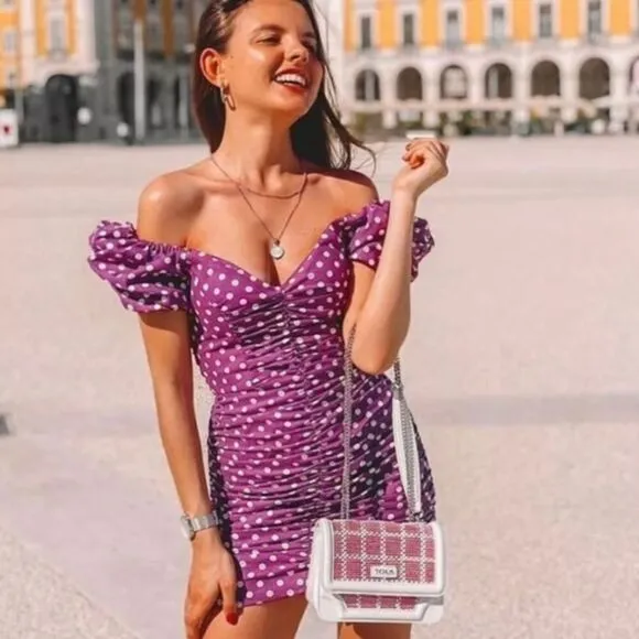 NWT ZARA Ruched Polka Dot Mini Dress M