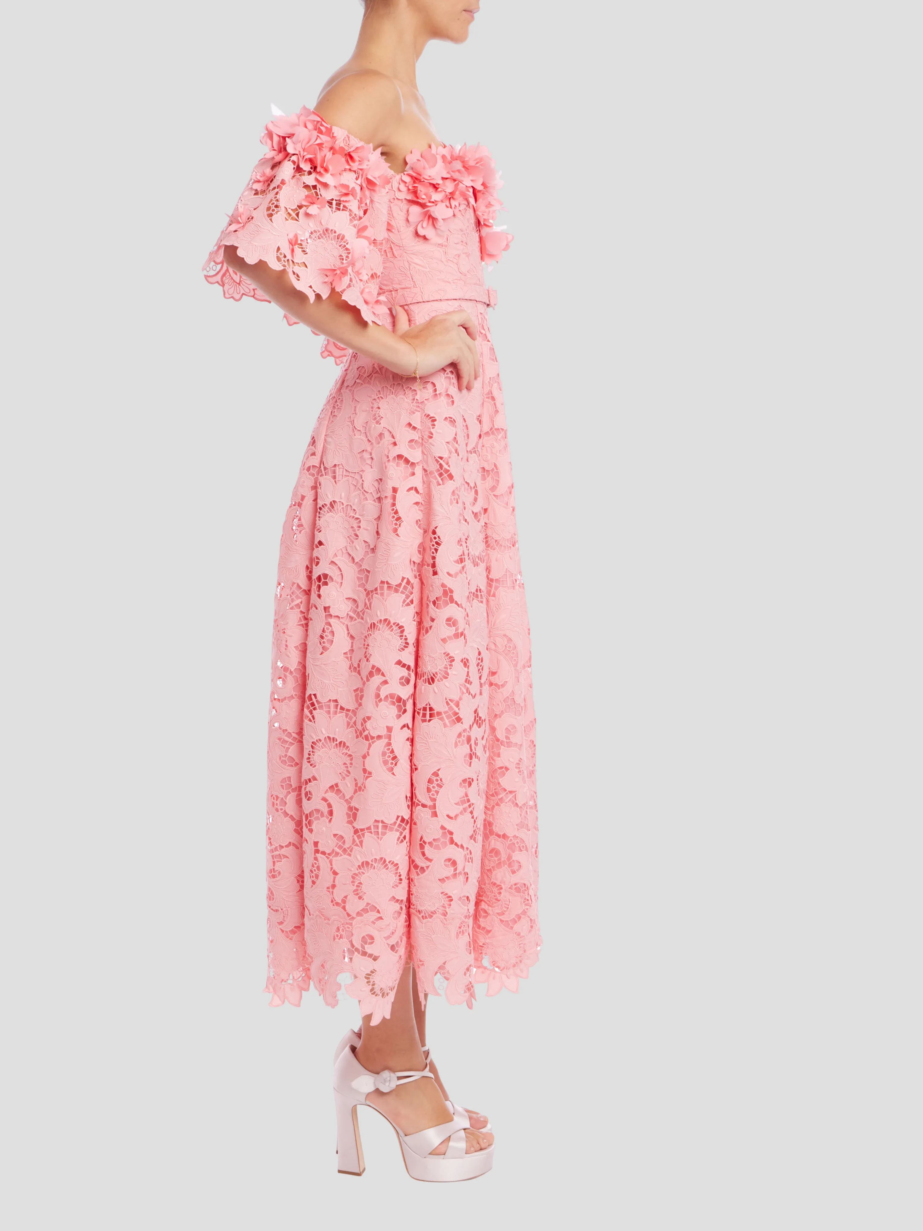 Off Shoulder Lace Dress in Peony