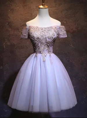 Off Shoulder Tulle Ball Homecoming Dress, Cute Applique Party Dress, Graduation Party Dress