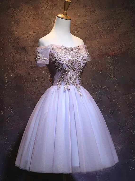 Off Shoulder Tulle Ball Homecoming Dress, Cute Applique Party Dress, Graduation Party Dress