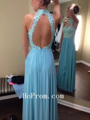 Open Back Prom Dress,Blue Halter Prom Dress,Evening Dress