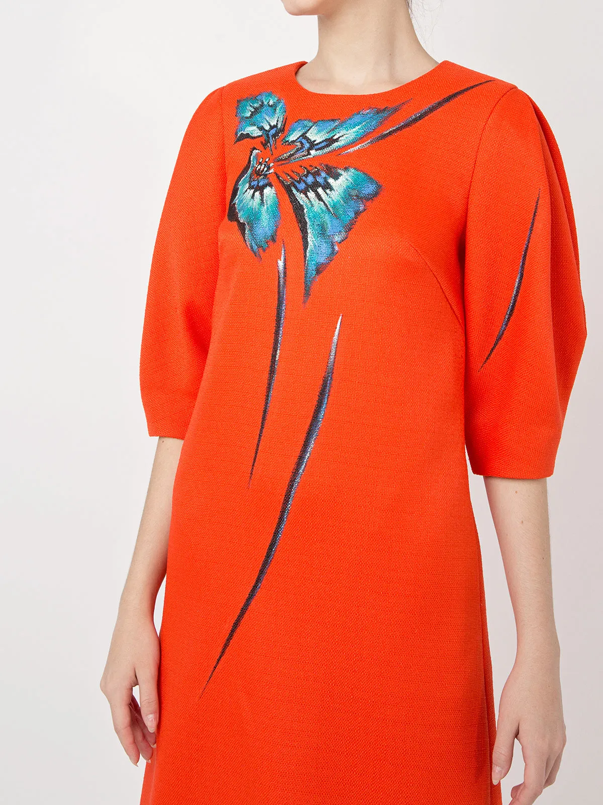ORCHID TREE FLOWER-PAINTED VOLUMINOUS SLEEVE TWEED DRESS
