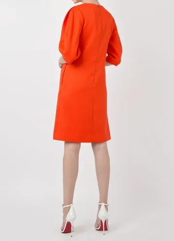 ORCHID TREE FLOWER-PAINTED VOLUMINOUS SLEEVE TWEED DRESS