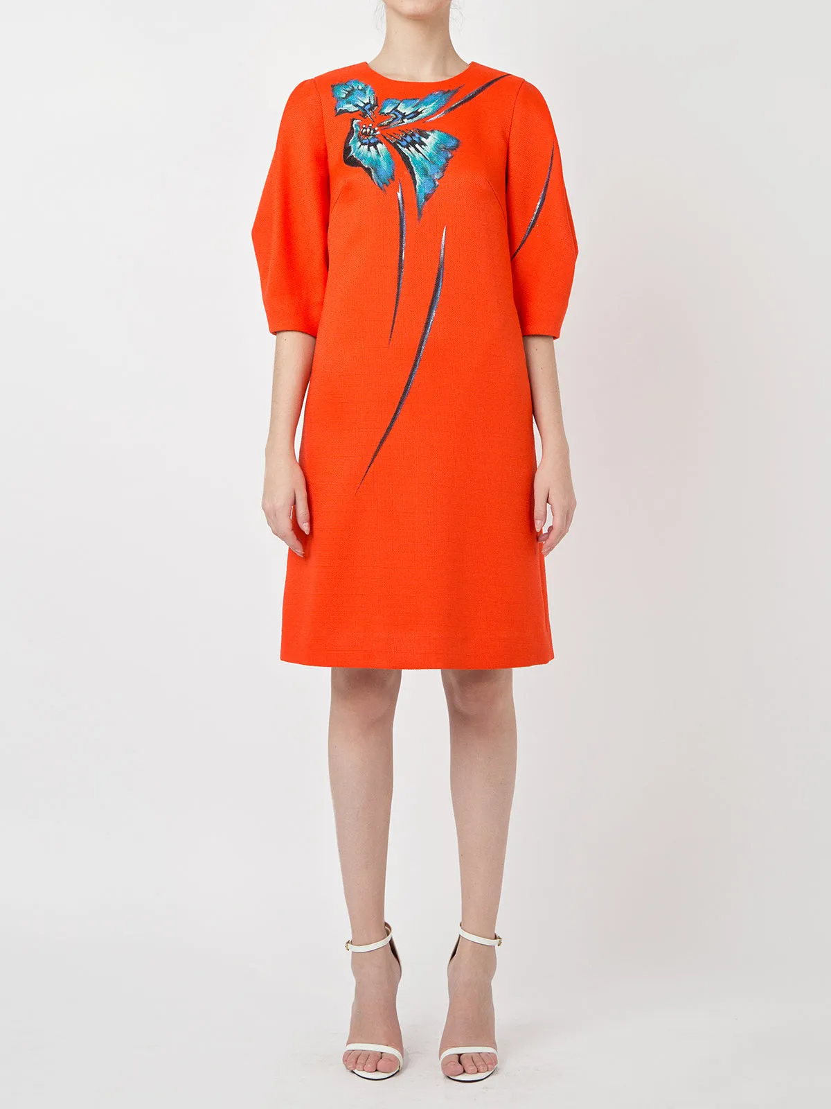 ORCHID TREE FLOWER-PAINTED VOLUMINOUS SLEEVE TWEED DRESS