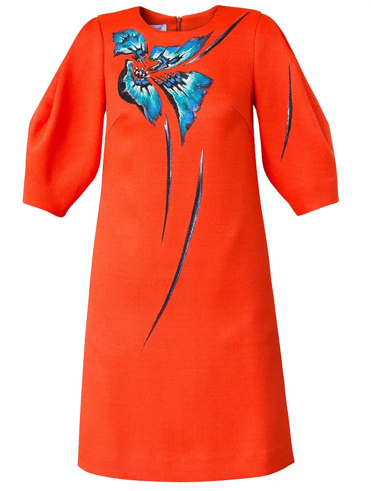 ORCHID TREE FLOWER-PAINTED VOLUMINOUS SLEEVE TWEED DRESS